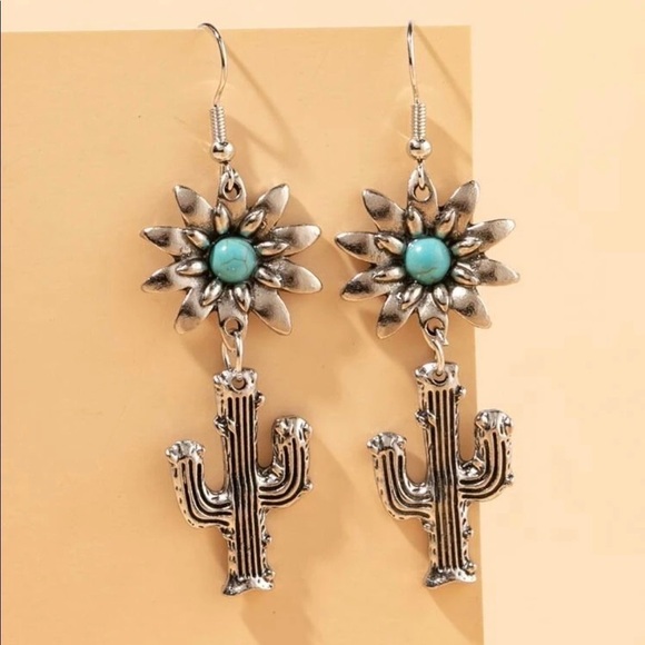 Silver Daisy Cactus Drop Earrings - Picture 4 of 14